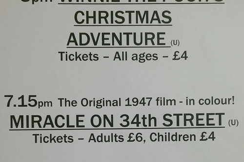Film flyer - 3pm Winnie the Pooh's Christmas Adventure, 7.15pm Miracle on 34th Street