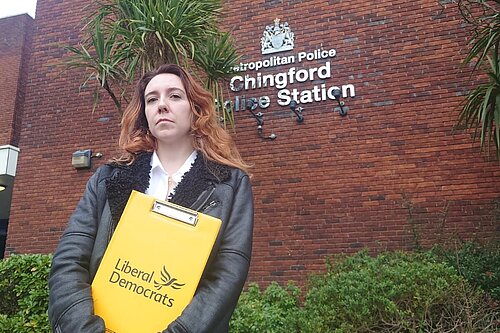 Liberal Democrat Parliamentary Candidate Tara Copeland stood outside Chingford Police Station