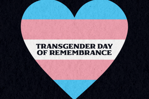 Heart in the colours of the trans flag with the text 'Transgender Day of Remembrance'.