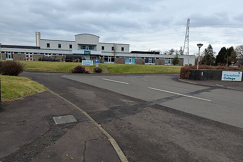 Photo at the entrance to the Corseford Campus in Johnstone.