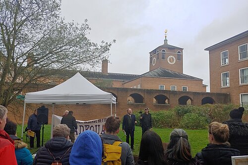 Cllr Julian Brazil addresses the SEND protest crowd
