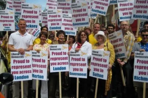 London Pride, 3 July 2010. Brian Paddick, former mayoral candidate; Shas Sheehan, GLA candidate; Sarah Ludford MEP MEP for London; Baroness Ros Scott, former party president and Stephen Gilbert, MP for St Austell & Newquay