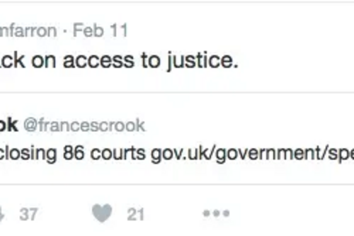 Tim Farron's tweet re: court closures - "an attack on access to justice"