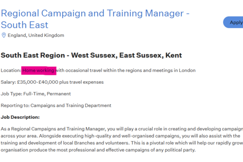 Screenshot of Reform UK job ad, requiring homeworking.