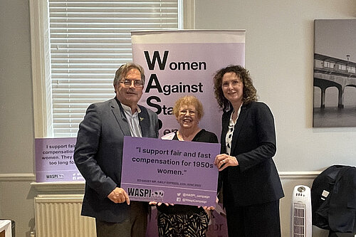 Mark Wooding, Angela Madden (WASPI) and Wendy Chamberlain