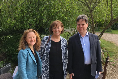 Suffolk Coastal parliamentary candidate James Sandbach with wife Julia McLean (left) and Baroness Ros Scott (centre)