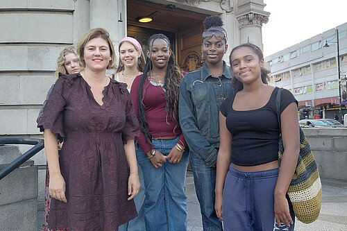 Photo of 6 young women outside Lambeth Town Hall steps