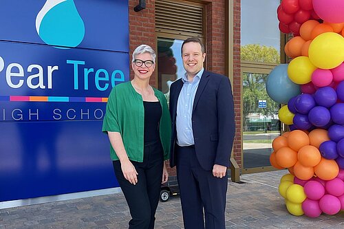 Tom Morrison MP and local councillor Jilly Julian at the opening of Pear Tree High School