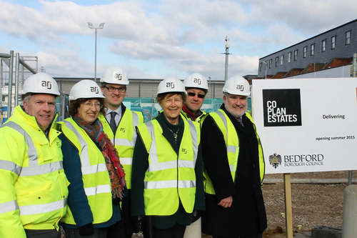 Owain Lister of ARJ Construction, Putnoe Ward Cllrs Rosemary Bootiman and Michael Headley and Goldington Ward Cllrs Sylvia Gillard and Philip Merryman with Mayor Dave Hodgson to mark the start of construction of the new Iceland store at Church Lane