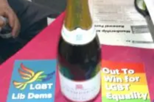 A bottle of House of Commons champagne, at the LGBT Lib Dems / Delga stall, Federal Conference Sept 2010