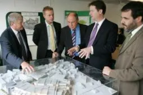 Nick Clegg, Matthew Taylor and Stephen Gilbert view the plans for regeneration in St Austell