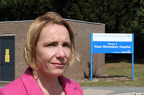 Helen outside Shrewsbury Hospital