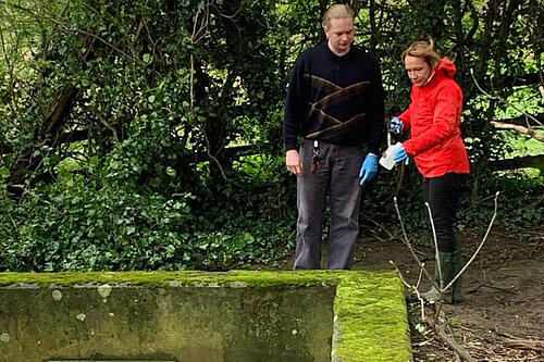 Helen testing water in the River Morda