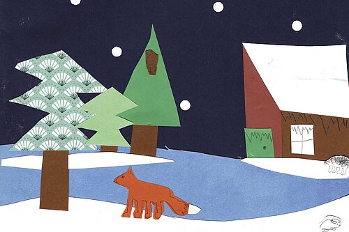 Christmas Card scene with snow and animals at night