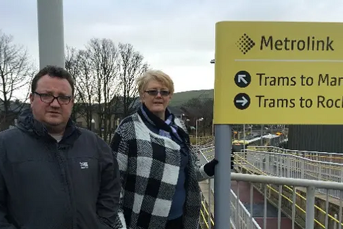 Rochdale Lib Dem leader Andy Kelly, together with Irene Davidson, at the affected Metrolink