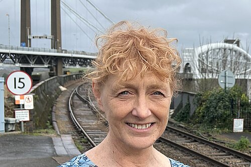 Cllr Hillary Frank, with the Saltash railway and Tamar Bridge in the background