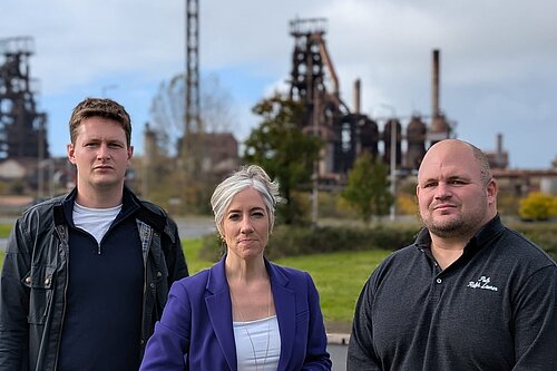 David Chadwick MP, Daisy Cooper MP and Senedd Candidate Dean Ronan at Port Talbot Steelworks