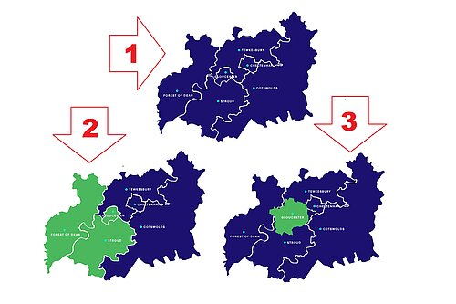 Maps of the three reorganisation options