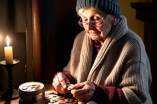 A pensioner counting the pennies by candlelight