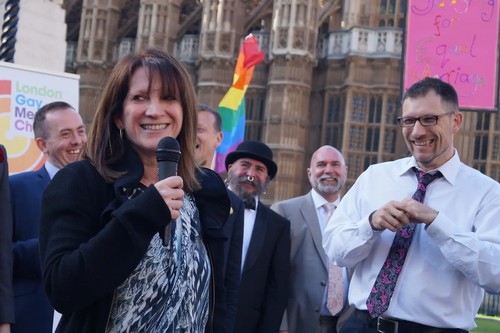 Lynne Featherstone MP at a same-sex marriage vigil outside Parliament