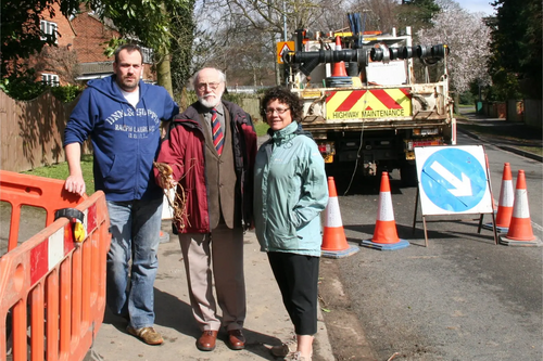 Stephen Sargent, Cllr Bill Lewis (and tree root) with Glenda Allanach in Overslade Lane on 26 March 2015