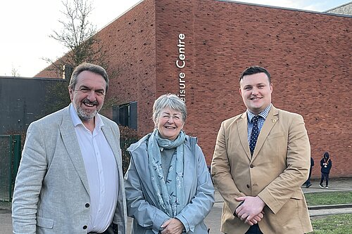 Matthew Green, Heather Kidd and Dan Thomas outside Much Wenlock Leisure Centre