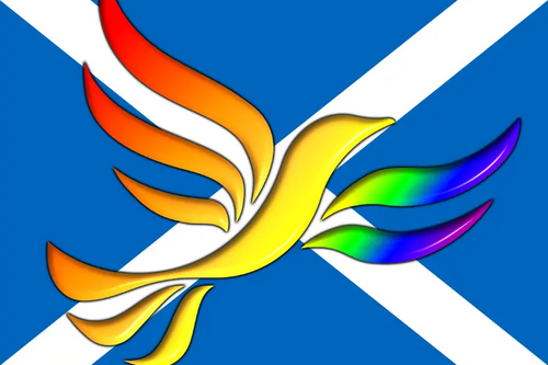 Rainbow Liberal Democrat Bird of Liberty imposed on a Scottish Saltire Flag