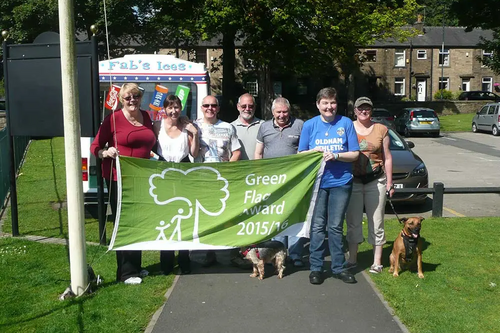 Liberal Democrat candidate Irene Davidson helps show off the team's Green Flag award