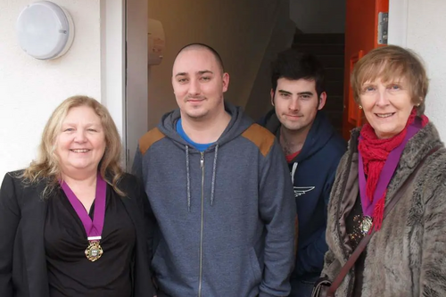 Deputy Mayor Jude Deakin and Deputy Mayoress Jill Smith-Hughes meet the first resident of Smith Hughes Close in 2014