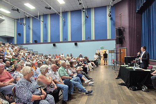 David Chadwick addressing a large crowd in the Miner's welfare hall
