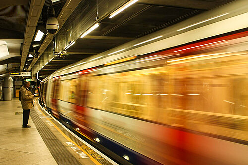 A London tube train at the platform.