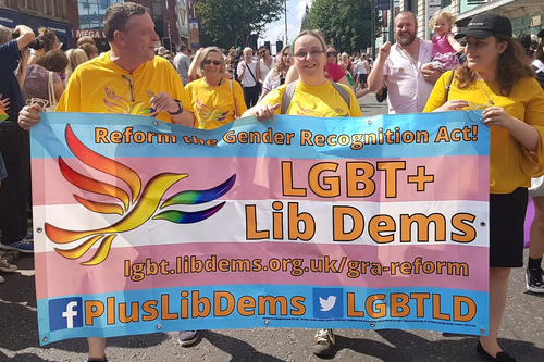 Lib Dems at Leeds Pride 2018 with Gender Reform Act Banner