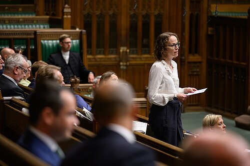 Alison Bennett MP in standing and speaking parliament chamber with speakers chair in background and other MPs around