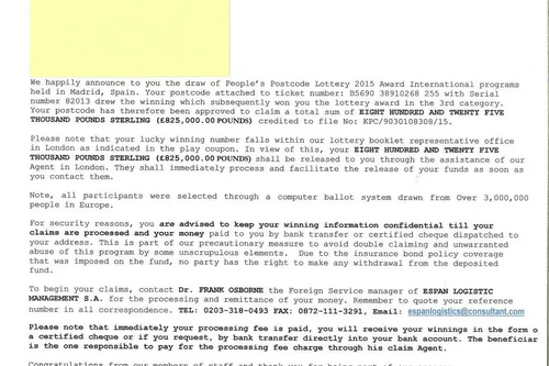 People's Postcode Lottery Scam Email