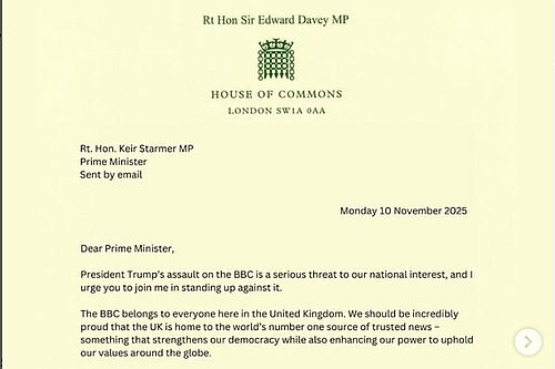 Top of Ed Davey's letter to the Prime Minister