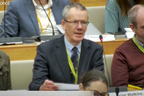 County Cllr Brian Watkins speaking at a meeting of Norfolk County Council.
