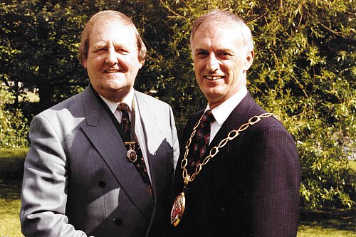 Eurig Thomas at the conclusion of his year of office as Chairman of Ryedale District Council in May, 1995, standing with fellow former councillor Charles Hall