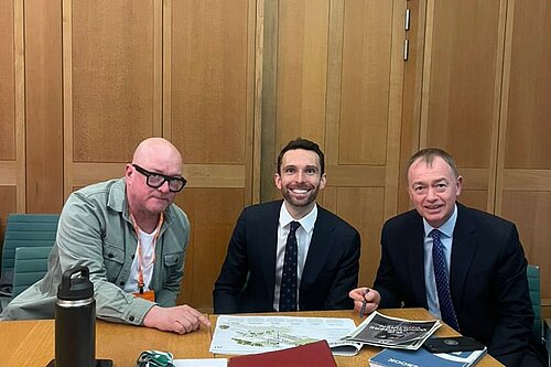 Tim Farron alongside Minister Josh MacAlister and architect Matt Goodwin
