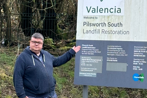 Tom at the entrance sign to the Pilworth South Landfill