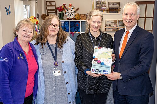 From left, Fiona Mahoney, CEO Reminiscence Learning; Dr Debbie Worrall, researcher Bath Spa University; Dr Katy Brickley, researcher Bath Spa University; Gideon Amos, MP.