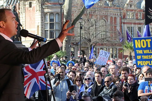 Tim Farron addressing tens of thousands of pro-EU demonstrators outside Parliament.
