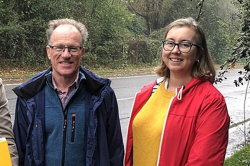 Outgoing councillors Kirsty Lord and Stuart Condie on Jane Murray Way where they have secured pedestrian and drainage improvements due to be implemented later this year