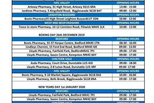 Details of Bedfordshire Pharmacy opening times Christmas and New Year 2019