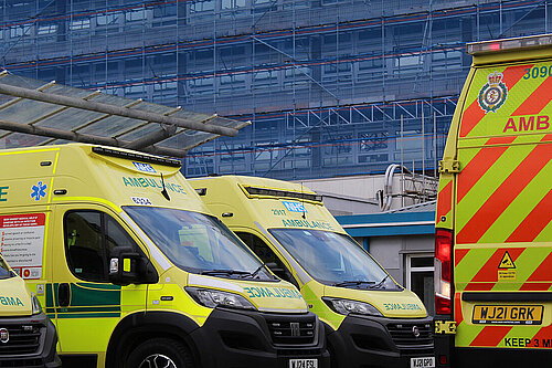A picture of ambulances parked outside Torbay Hospital A&E Department