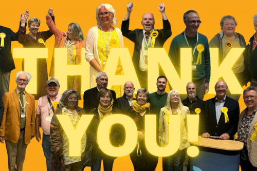 Graphic with West Dorset Winners at the Local Election Counts with 'Thank You' Text.