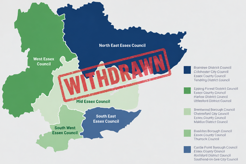 Map of 5 planned authorities in Essex with "Withdrawn" stamp across the map.
