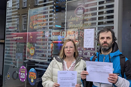 Cllr Claire Bonham and Yusuf Osman outside the adult gaming centre on The Triangle