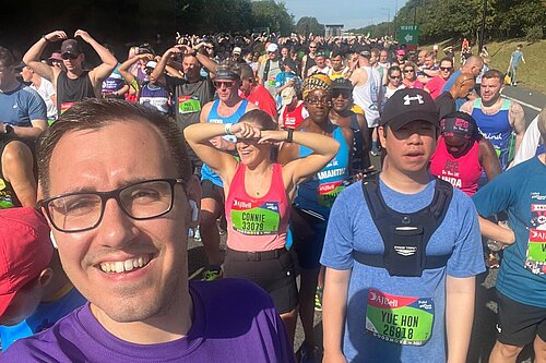 Tom Gordon stood amongst other runners waiting to start at the Great North Run 2024