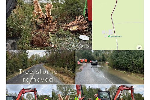Collage of works at the Gotherington Lane site tree stump removal
