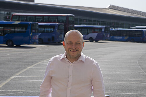 Sam outside Swansea Bus Station